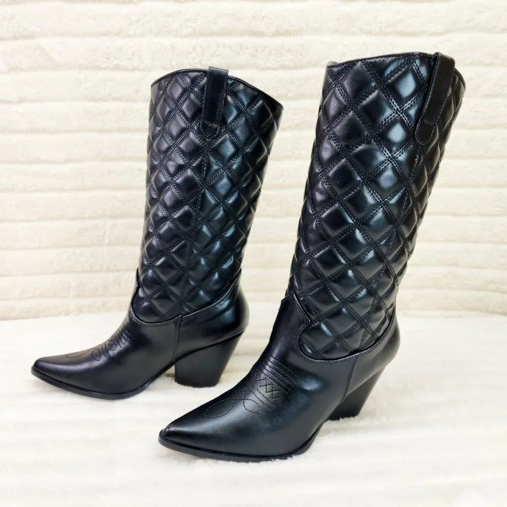 Bells Quilted Faux Leather Western Mid Calf Cowgirl Boots Black_4